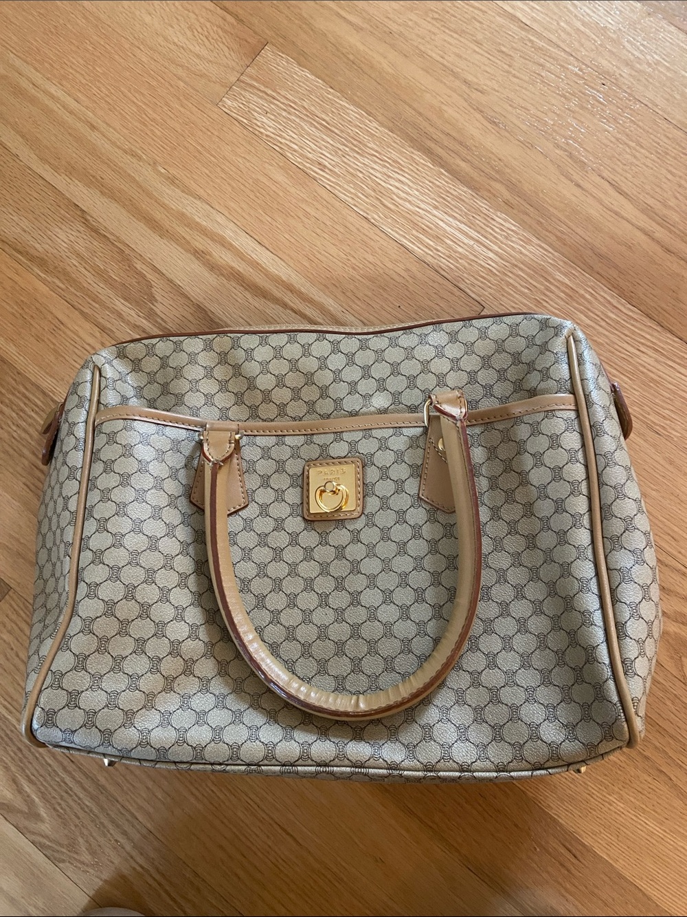 Designer-Inspired Beige Monogram Satchel Bag with Gold Accent